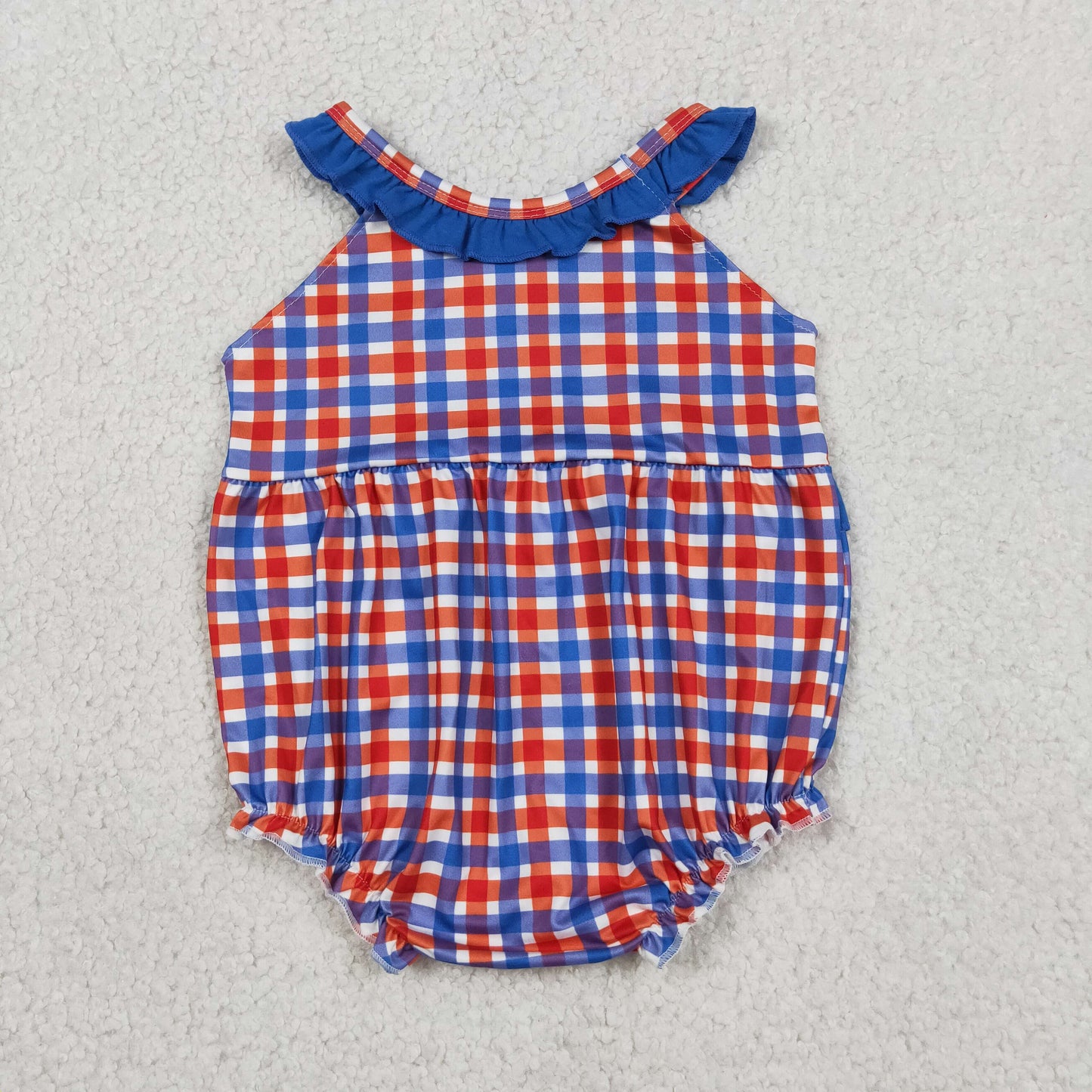 SR3835 Embroidered Farm Animals Red Blue Plaid Ruffle Flying Sleeve Girls Bubble Romper 202605 RTS
