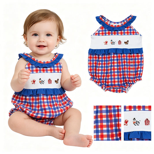 SR3835 Embroidered Farm Animals Red Blue Plaid Ruffle Flying Sleeve Girls Bubble Romper 202605 RTS