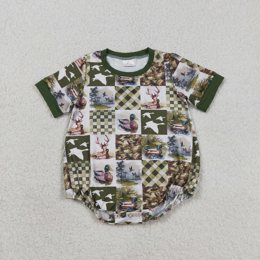 SR3837 Deer Duck Hunting Plaid Dark Green Short Sleeve Boys Bubble Romper 202603 RTS
