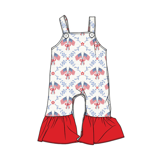 MOQ 5 PCS Preorder SR3840 4th of July Flag Bows Red Ruffle Sleeveless Girls Overalls Jumpsuits 202512