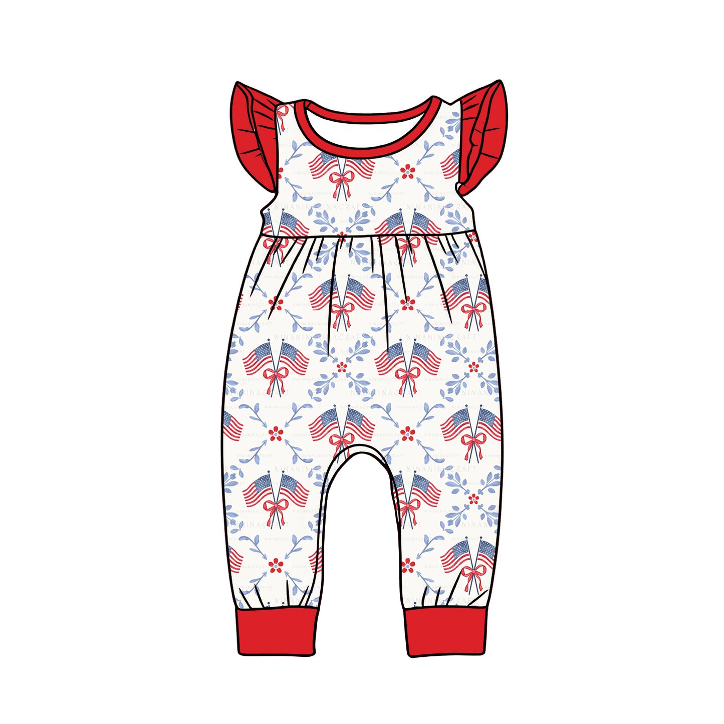 MOQ 5 PCS preorder SR3841 4th of July Flag Bows Red Flying Sleeve Girls Romper 202512