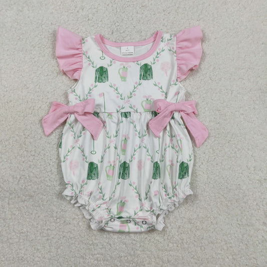 SR3842 Golf Bows Flower Leaf Pink Flying Sleeve Girls Bubble Romper 202601 RTS