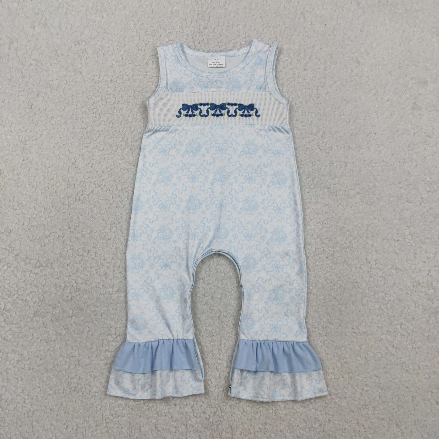SR3843 Smocked Blue Bows Sleeveless Girls Romper 202602 RTS