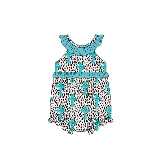 MOQ 5 PCS preorder SR3844 Easter Cross Leopard Blue Green Ruffle Sleeveless Girls Bubble Romper 202512