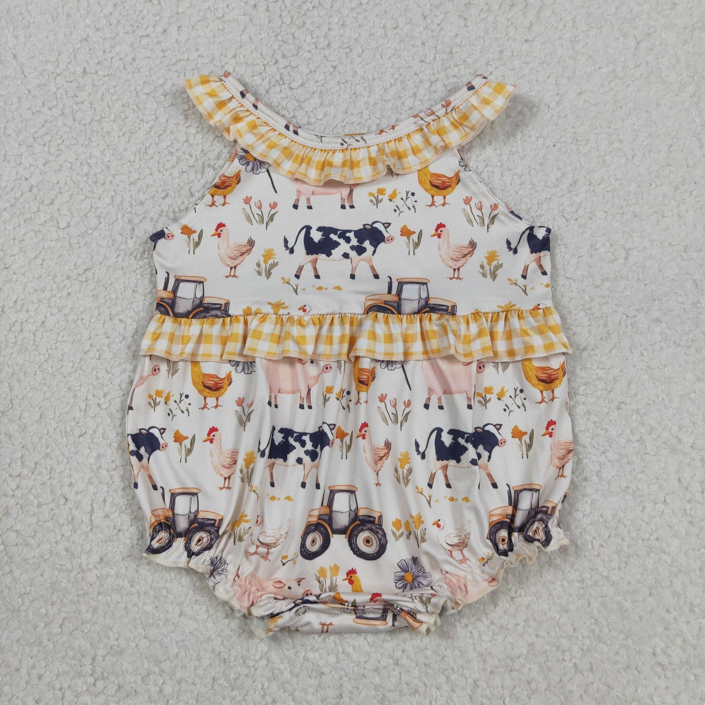 SR3848 Farm Animals Yellow Plaid Ruffle Sleeveless Girls Bubble Romper 202604 RTS