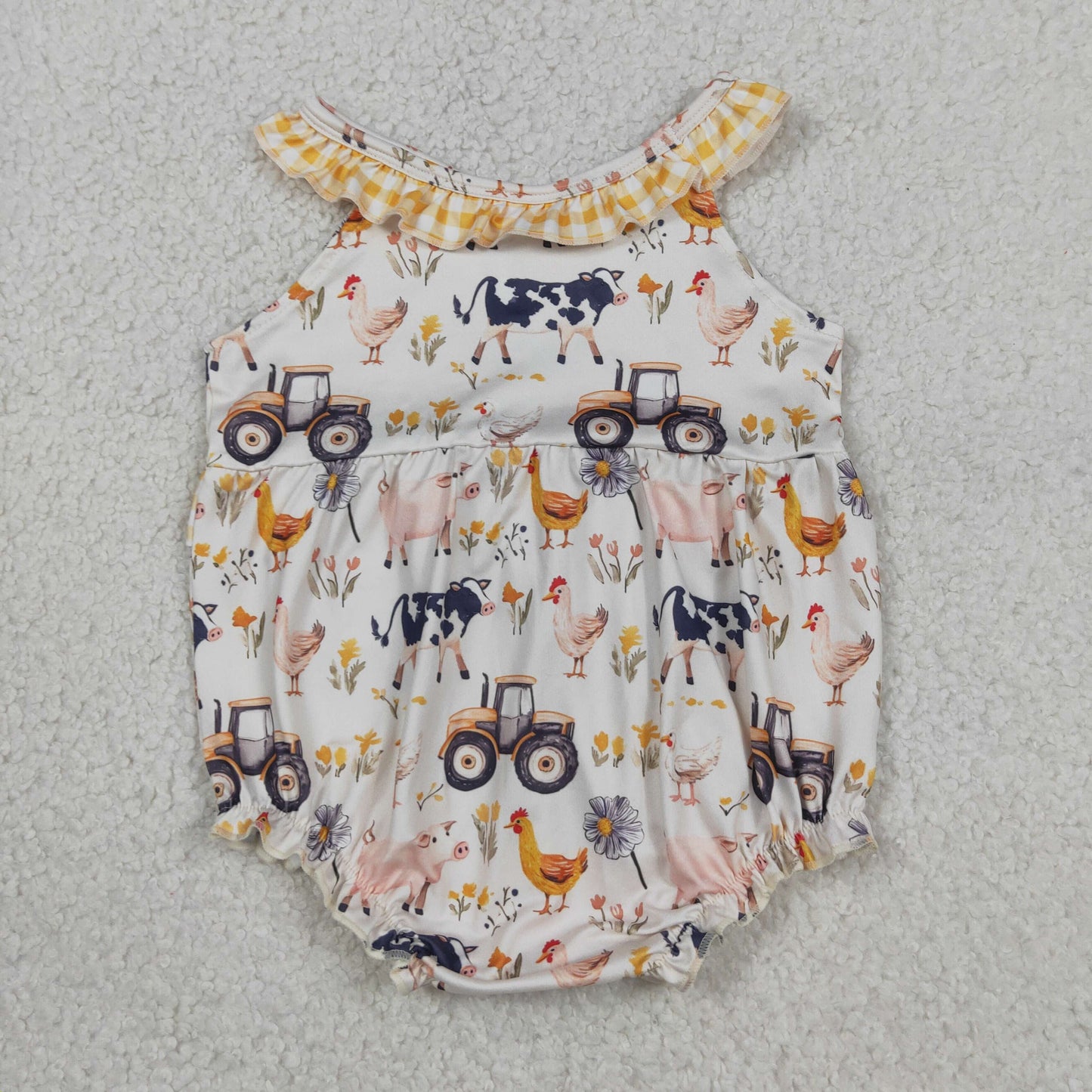 SR3848 Farm Animals Yellow Plaid Ruffle Sleeveless Girls Bubble Romper 202604 RTS