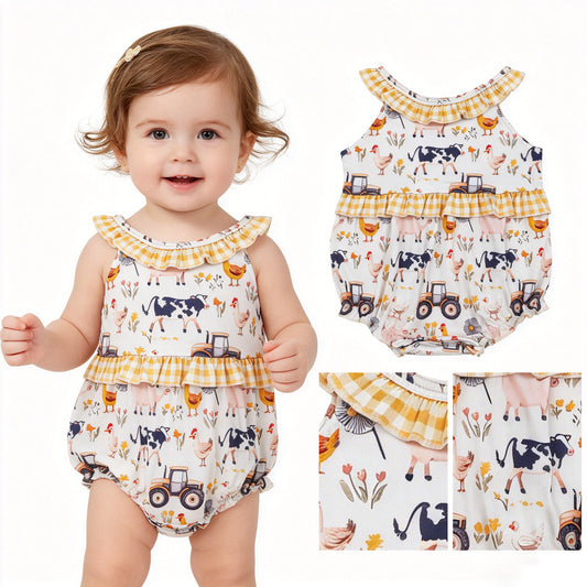 SR3848 Farm Animals Yellow Plaid Ruffle Sleeveless Girls Bubble Romper 202604 RTS