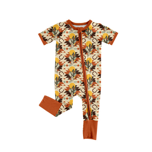 MOQ 5 PCS preorder SR3849 Cowboy Highland Cow Orange Brown Zip Long Sleeve Boys Romper 202512