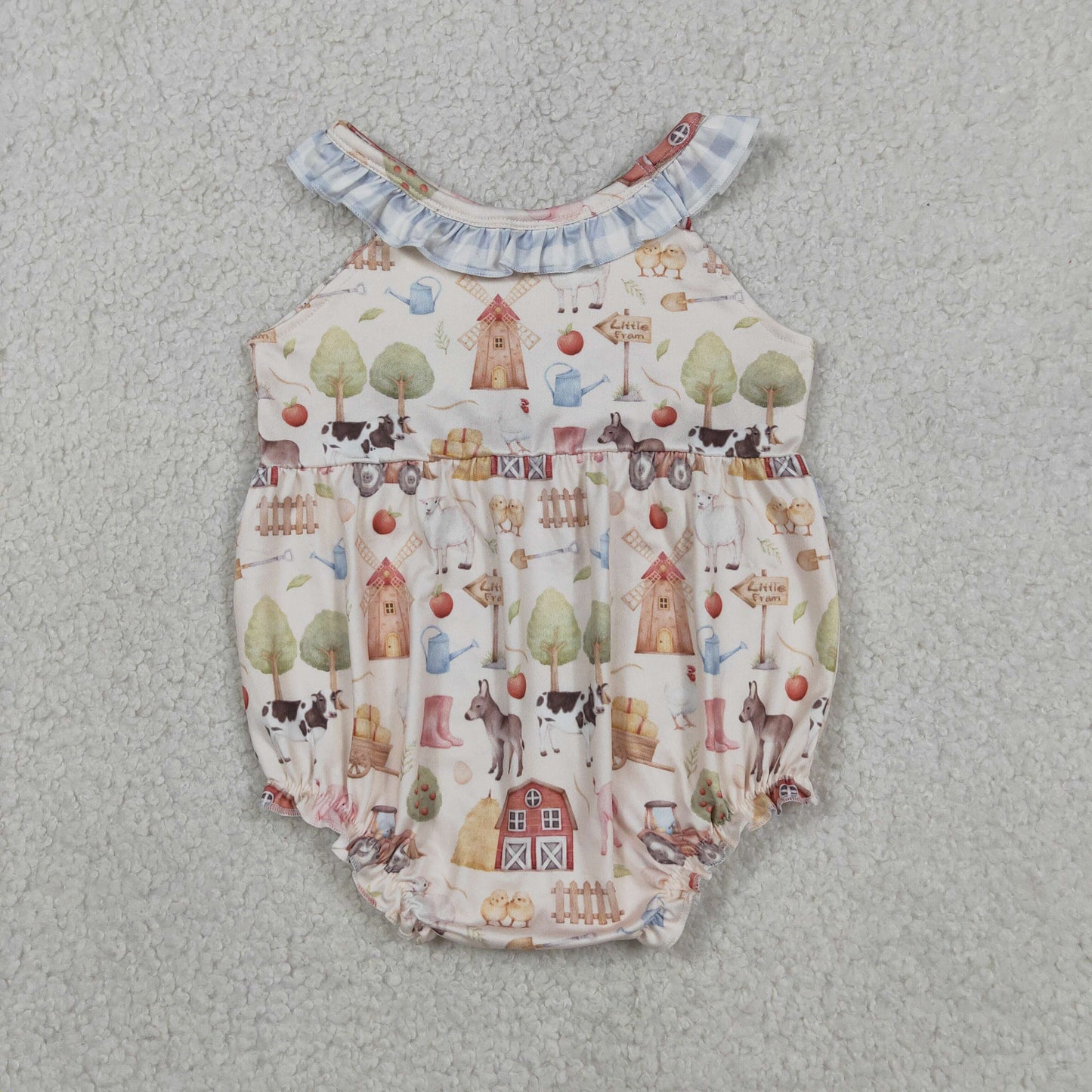 SR3852 Farm Animals Blue Plaid Ruffle Sleeveless Girls Bubble Romper 202604 RTS