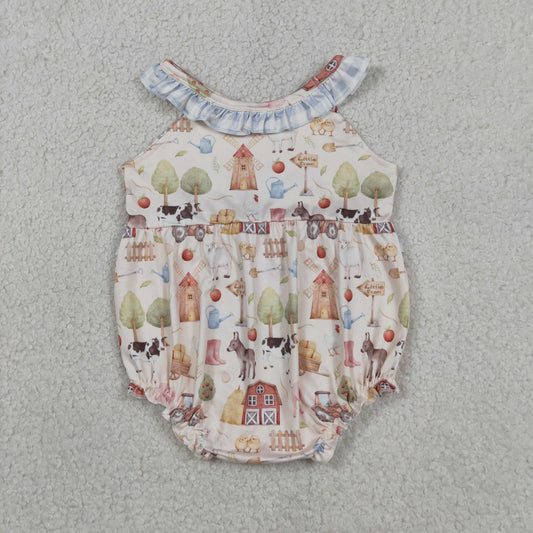 SR3852 Farm Animals Blue Plaid Ruffle Sleeveless Girls Bubble Romper 202604 RTS