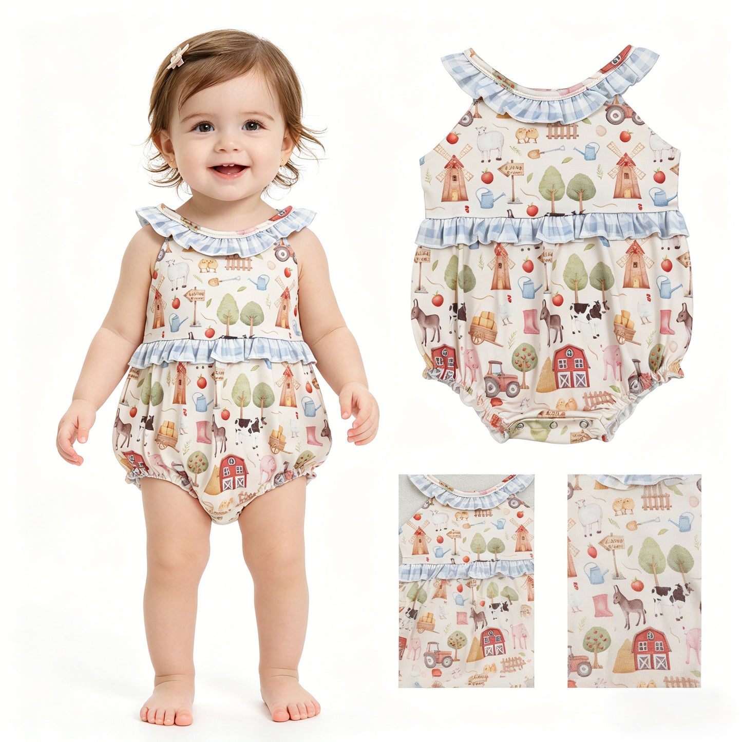 SR3852 Farm Animals Blue Plaid Ruffle Sleeveless Girls Bubble Romper 202604 RTS