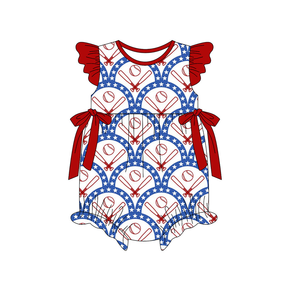 MOQ 5 PCS preorder SR3853 Baseball Star Red Bows Flying Sleeve Girls Bubble Romper 202512