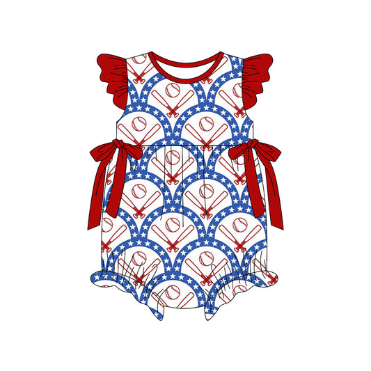 MOQ 5 PCS preorder SR3853 Baseball Star Red Bows Flying Sleeve Girls Bubble Romper 202512
