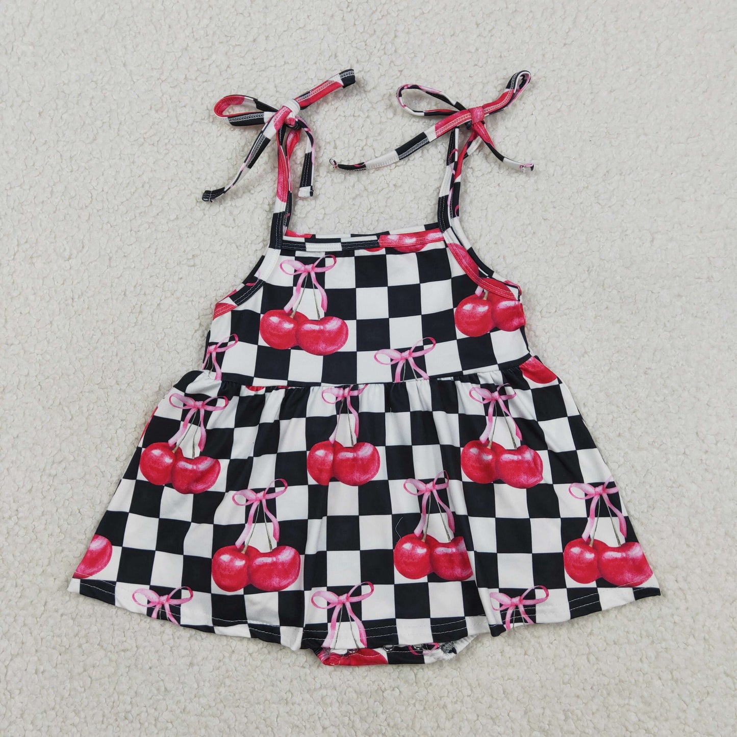 SR3854 Cherry Bows Black Plaid Sleeveless Girls Bubble Romper 202604 RTS