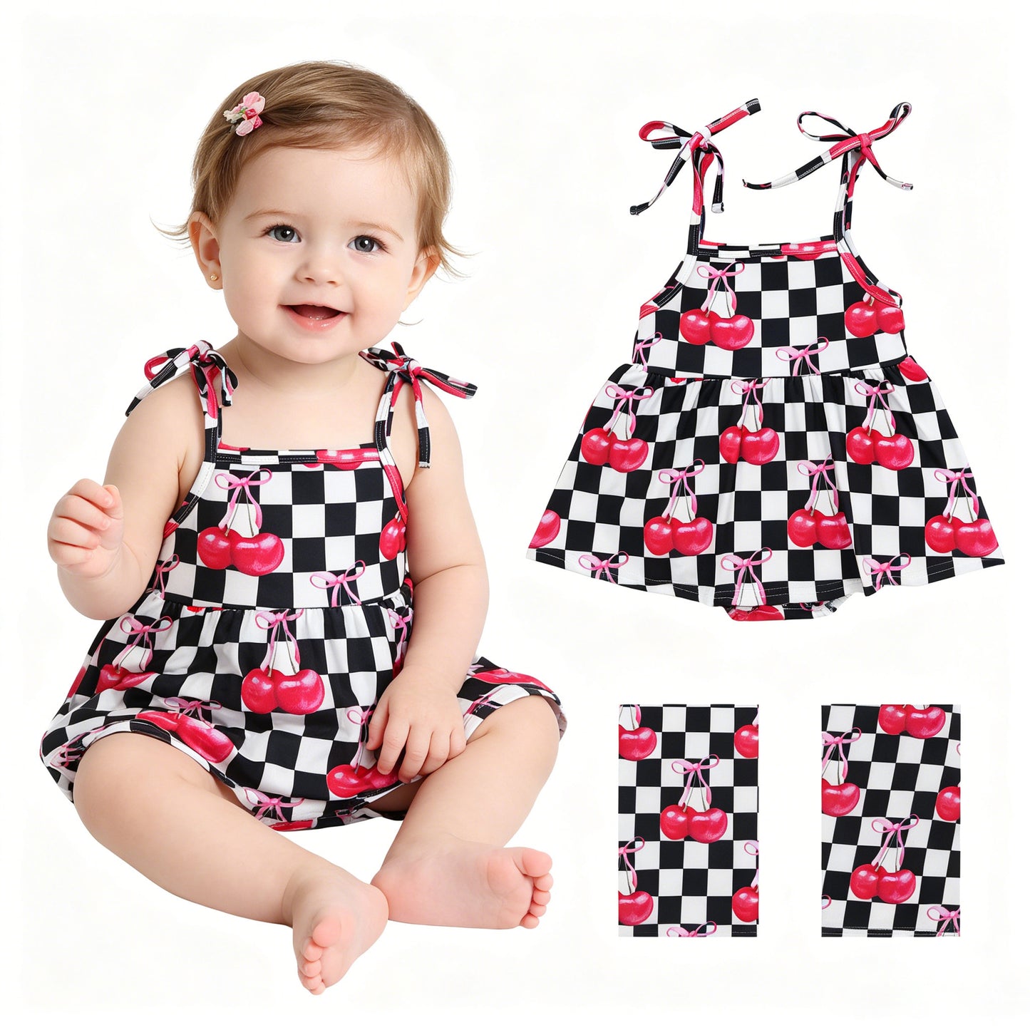 SR3854 Cherry Bows Black Plaid Sleeveless Girls Bubble Romper 202604 RTS