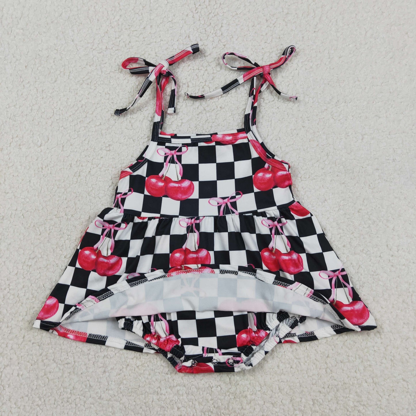 SR3854 Cherry Bows Black Plaid Sleeveless Girls Bubble Romper 202604 RTS
