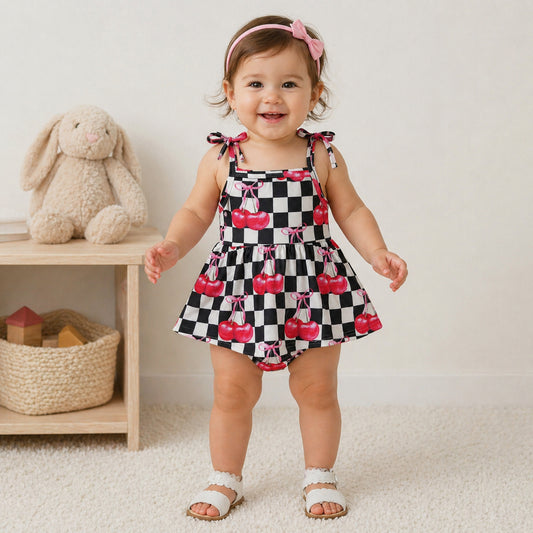 SR3854 Cherry Bows Black Plaid Sleeveless Girls Bubble Romper 202604 RTS