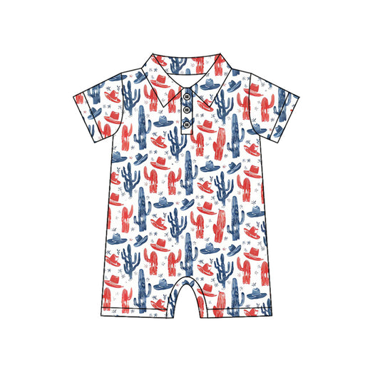 MOQ 5 PCS preorder SR3858 4th of July Red Blue Cactus Hat Polo Short Sleeve Boys Romper 202512