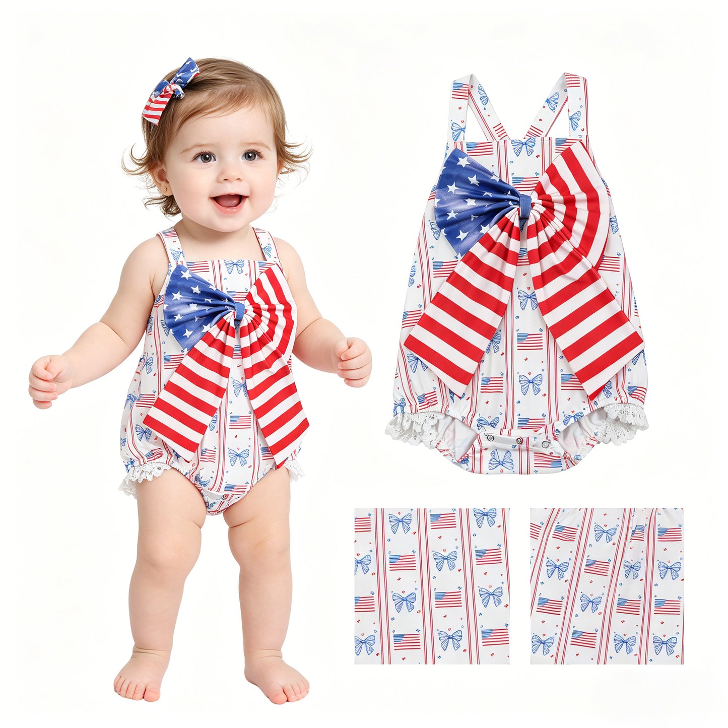 SR3862 4th of July Bows Flag Lace Ruffle Sleeveless Girls Bubble Romper 202605 RTS