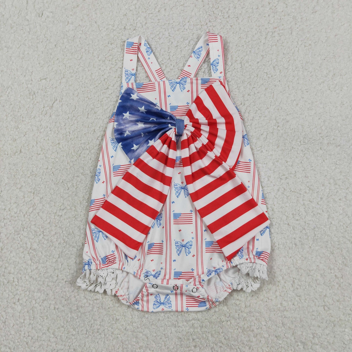 SR3862 4th of July Bows Flag Lace Ruffle Sleeveless Girls Bubble Romper 202605 RTS