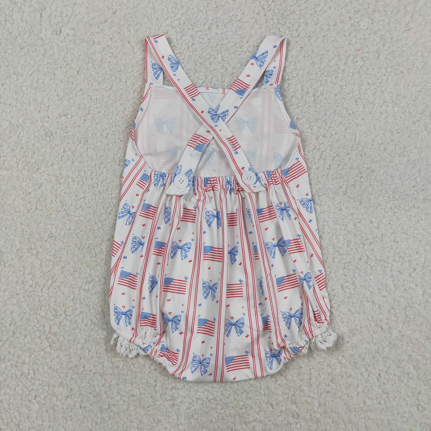 SR3862 4th of July Bows Flag Lace Ruffle Sleeveless Girls Bubble Romper 202605 RTS