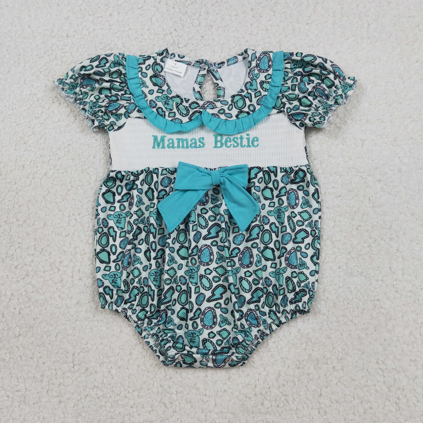 SR3863 Smocked Mama's Bestie Gemstone Lightning Bull Head Bow Doll Collar Blue Ruffle Short Sleeve Girls Bubble Romper 202603 RTS