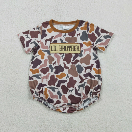 SR3865 Embroidered LIL BROTHER Puppy Camouflage Brown Short Sleeve Boys Bubble Romper 202601 RTS