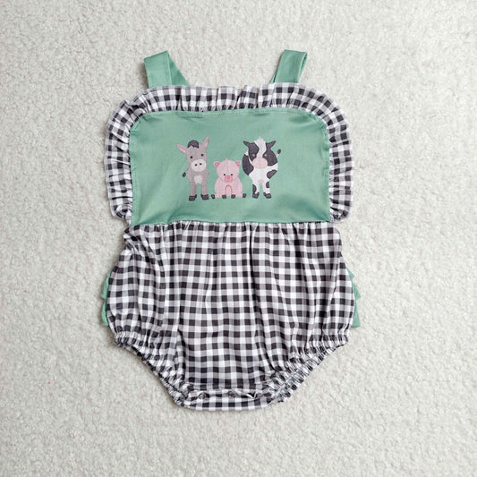SR3866 Farm Animals Donkey Pig Cow Black Plaid Ruffle Green Sleeveless Girls Bubble Romper 202606 RTS