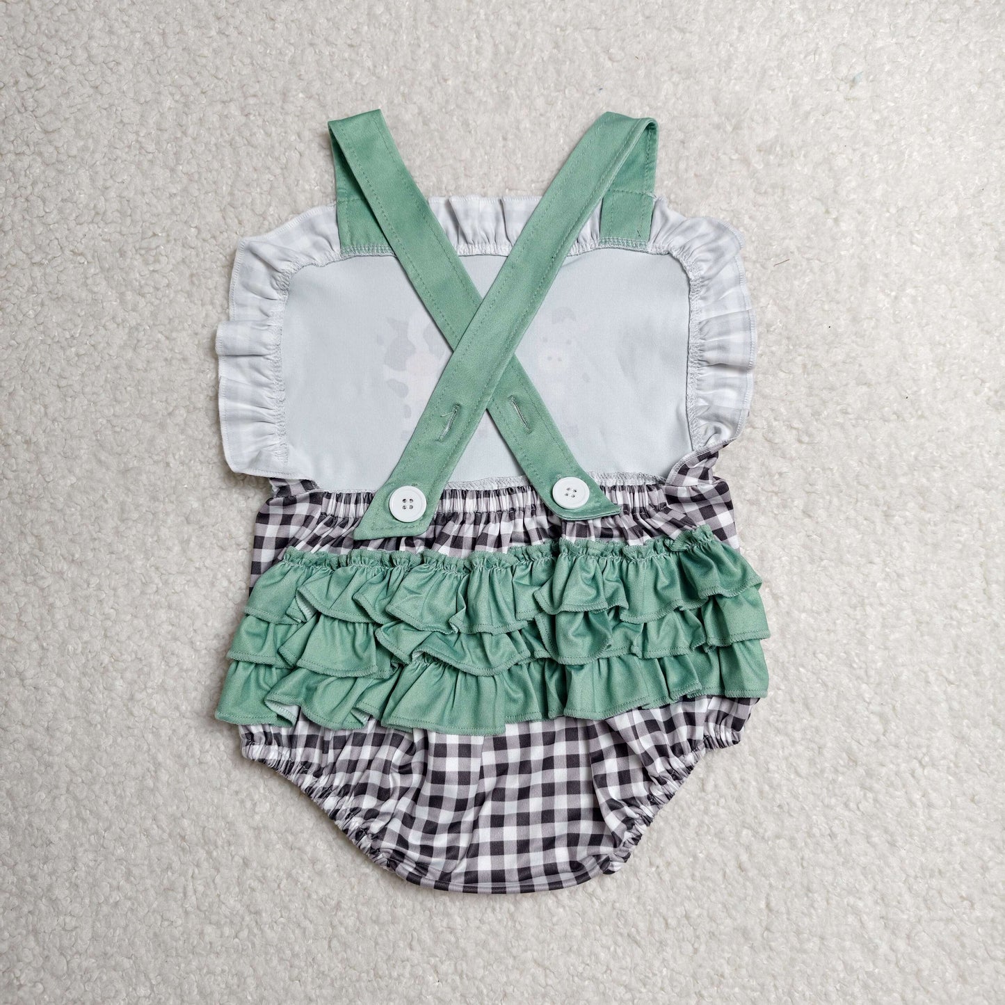 SR3866 Farm Animals Donkey Pig Cow Black Plaid Ruffle Green Sleeveless Girls Bubble Romper 202606 RTS