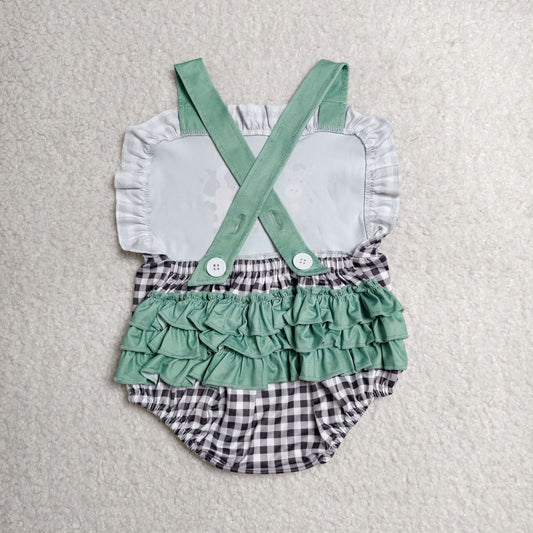 SR3866 Farm Animals Donkey Pig Cow Black Plaid Ruffle Green Sleeveless Girls Bubble Romper 202606 RTS