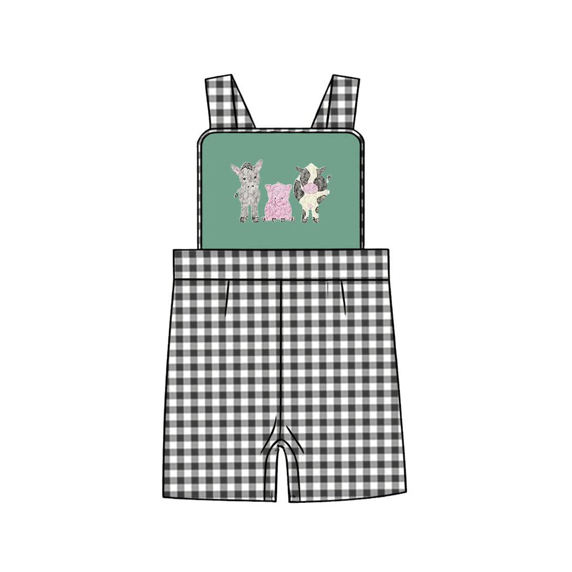 MOQ 5 PCS preorder SR3867 Farm Animals Donkey Pig Cow Black Plaid Green Sleeveless Boys Romper 202512