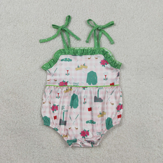SR3868 Golf Pattern Pink Plaid Green Ruffle Sleeveless Girls Bubble Romper 202601 RTS