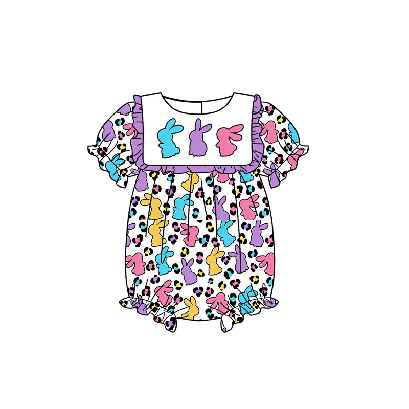 MOQ 5 PCS preorder SR3871 Easter Bunny Leopard Purple Ruffle Short Sleeve Girls Bubble Romper 202512