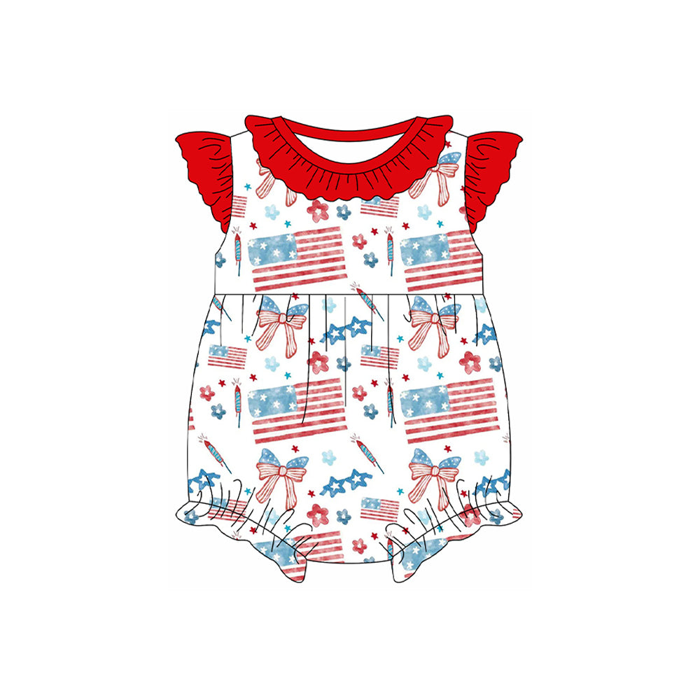 MOQ 5 PCS preorder SR3873 4th of July Bows Flower Star Flag Red Flying Sleeve Girls Bubble Romper 202512