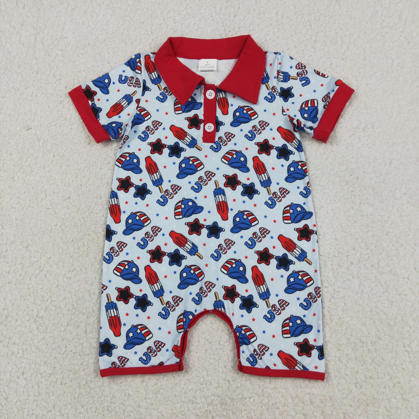 SR3874 4th of July USA Star Glasses Hat Red Polo Short Sleeve Boys Romper 202604 RTS