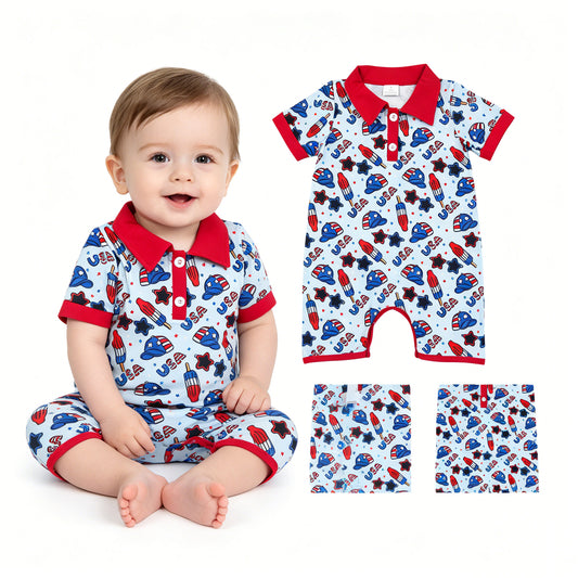 SR3874 4th of July USA Star Glasses Hat Red Polo Short Sleeve Boys Romper 202604 RTS