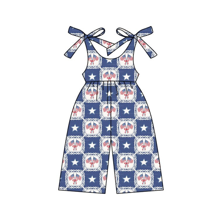 MOQ 5 PCS Preorder SR3875 4th of July Bows Flag Star Plaid Blue Halter Girls Overalls Jumpsuits 202512