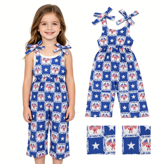 SR3875 4th of July Bows Flag Star Plaid Blue Halter Girls Overalls Jumpsuits 202605 RTS
