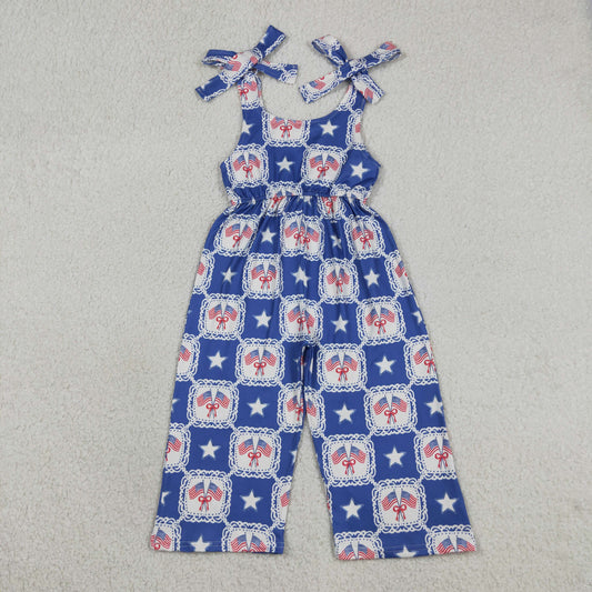 SR3875 4th of July Bows Flag Star Plaid Blue Halter Girls Overalls Jumpsuits 202605 RTS
