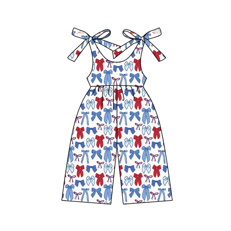 MOQ 5 PCS Preorder SR3876 4th of July Red Blue Bows White Halter Girls Overalls Jumpsuits 202512