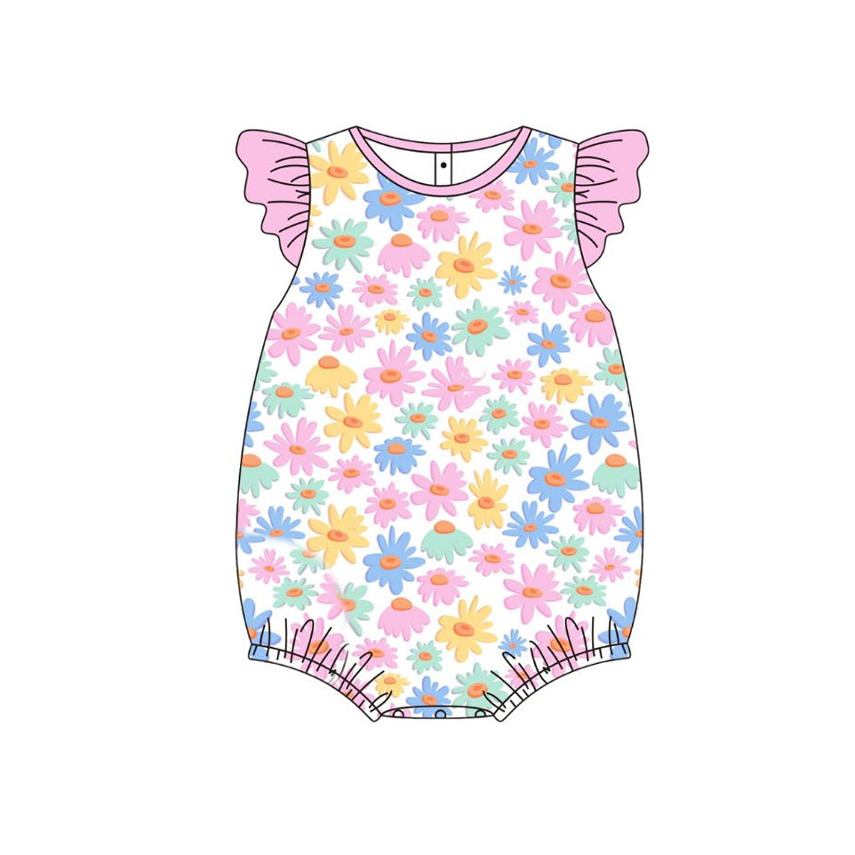 MOQ 5 PCS preorder SR3877 Colored Flower Pink Flying Sleeve Girls Bubble Romper 202512