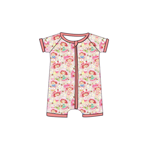 MOQ 5 PCS preorder SR3878 Strawberry Girl Floral Pink Zip Short Sleeve Girls Romper 202512