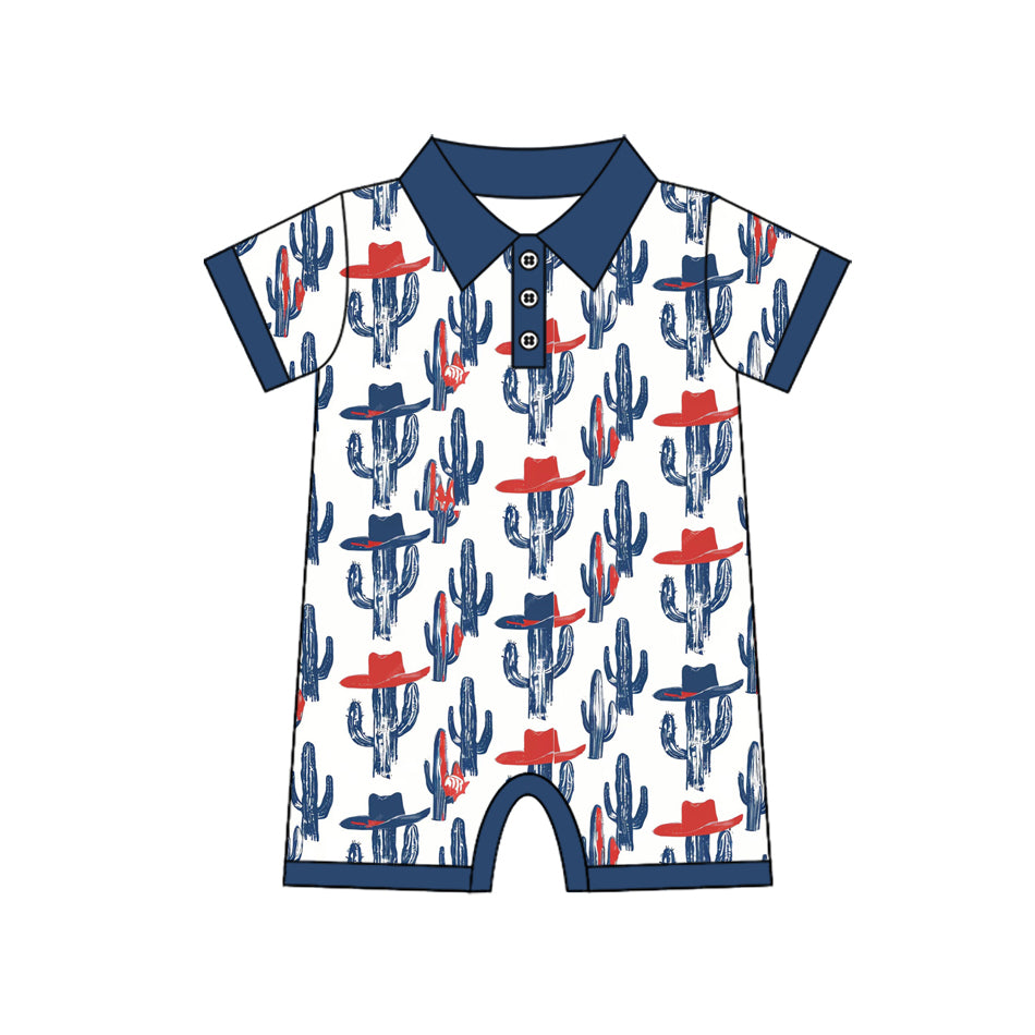 MOQ 5 PCS preorder SR3881 Cowboy Cactus Hat Navy Blue Polo Short Sleeve Boys Romper 202512