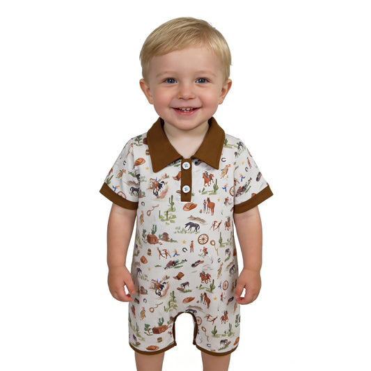 SR3882 Cowboy Cactus Horse Riding Brown Polo Short Sleeve Boys Romper 202603 RTS