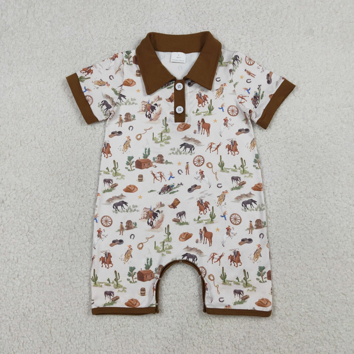 SR3882 Cowboy Cactus Horse Riding Brown Polo Short Sleeve Boys Romper 202603 RTS