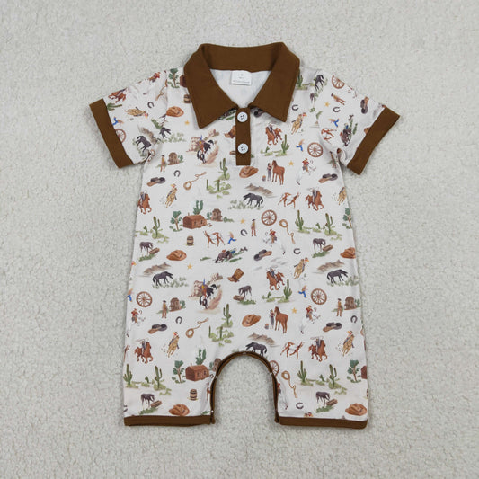 SR3882 Cowboy Cactus Horse Riding Brown Polo Short Sleeve Boys Romper 202603 RTS