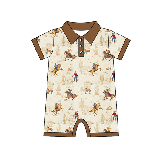 MOQ 5 PCS preorder SR3883 Cowboy Cactus Horse Riding Brown Polo Beige Short Sleeve Boys Romper 202512