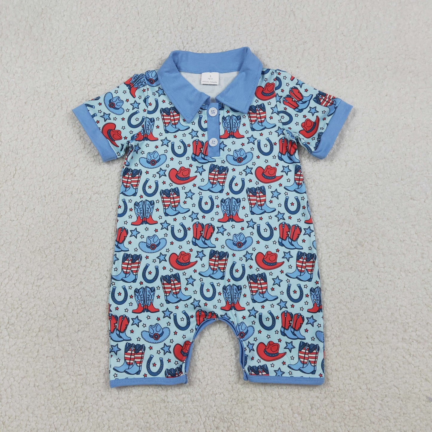 SR3884 4th of July Cowboy Boots Star Blue Polo Short Sleeve Boys Romper 202603 RTS