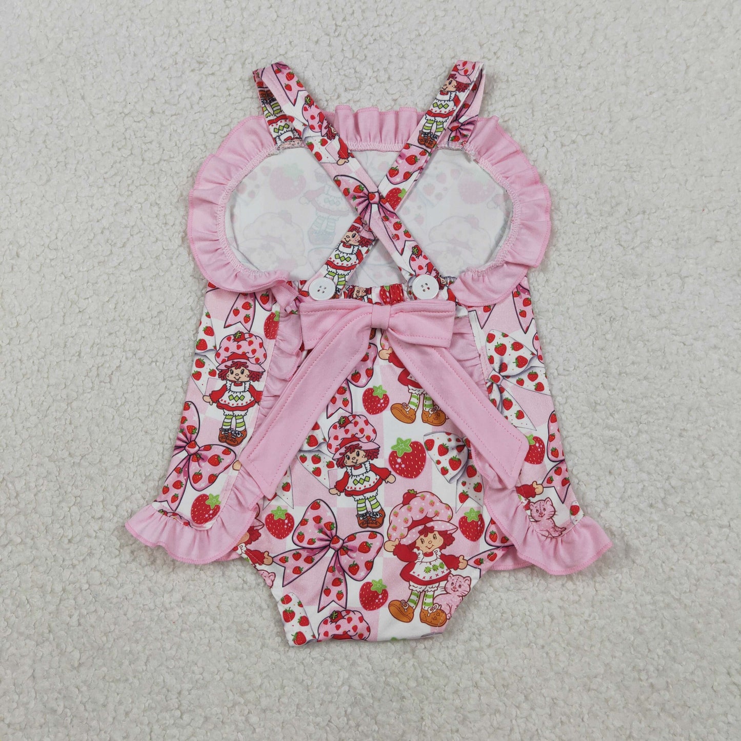 SR3885 Strawberry Girl Bows Pink Plaid Ruffle Sleeveless Girls Bubble Romper 202603 RTS
