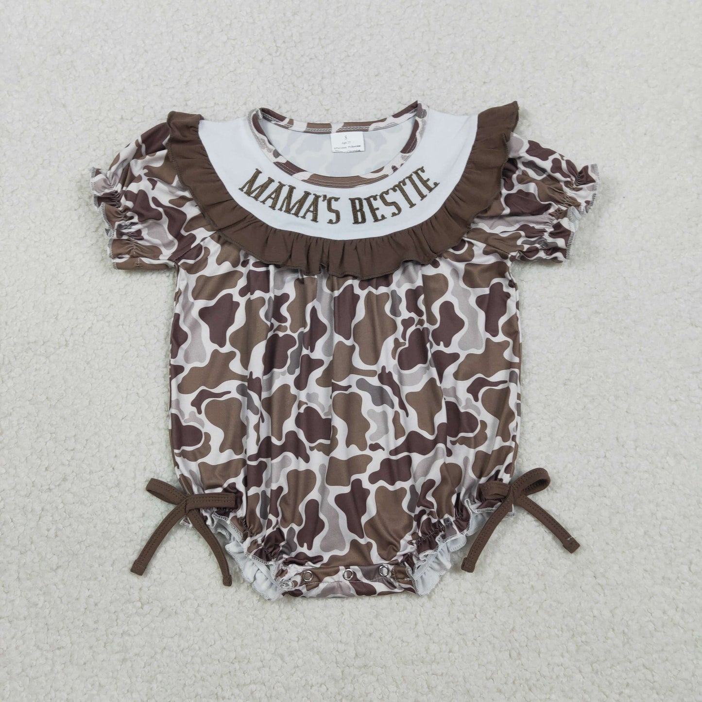 SR3888 Embroidered MAMA'S BESTIE Camouflage Brown Ruffle Short Sleeve Girls Bubble Romper 202602 RTS